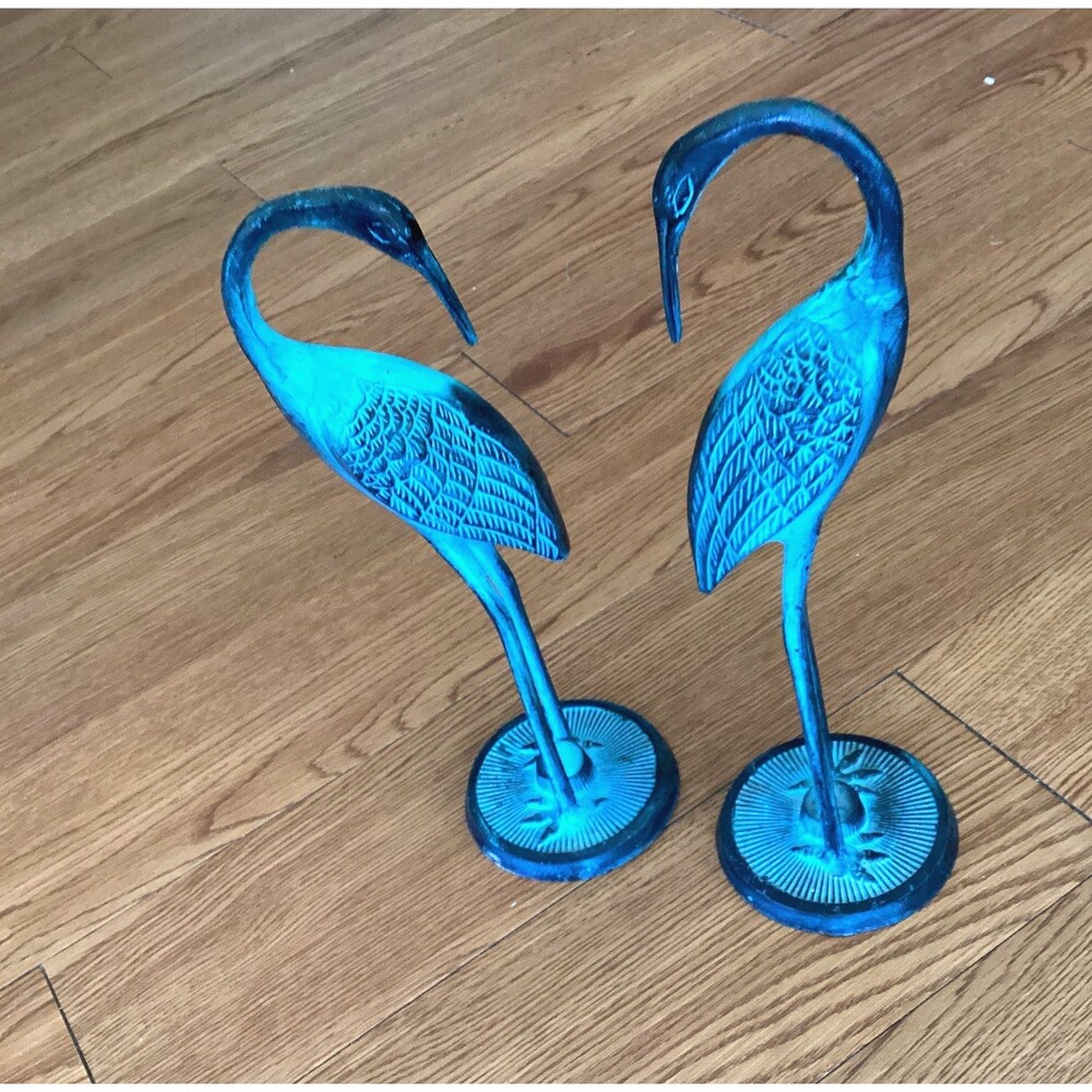 Vintage Metal Crane Bird Figurines Pair 10" India Turquoise Patina Decor